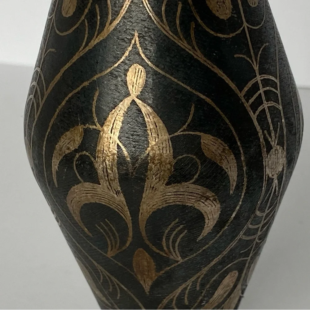 Vintage Brass Vase Etched India 7” Tall Metal Old Brown Bud Flower Engraved